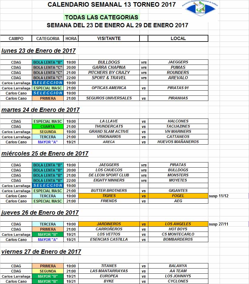 Calendario de juegos para esta semana
