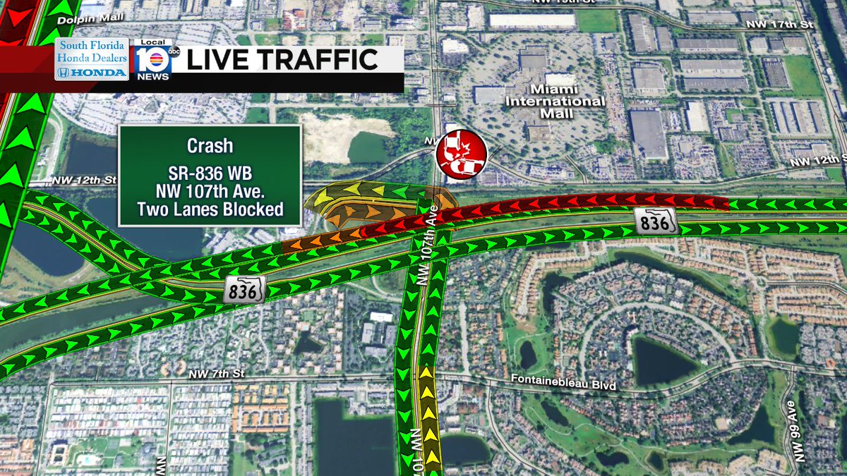 CRASH: SR-836 WB & NW 107th Ave. Two lanes are blocked. Expect delays. #TRAFFIC #MIAMI https://t.co/9aQAwbvK7x