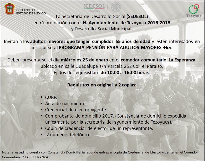 Tezoyuca2018's tweet photo. Adultos mayores con 65 años de edad o más interesados en inscribirse al PROGRAMA PENSIÓN PARA ADULTOS MAYORES +65. https://t.co/0YOtoHwZ2E