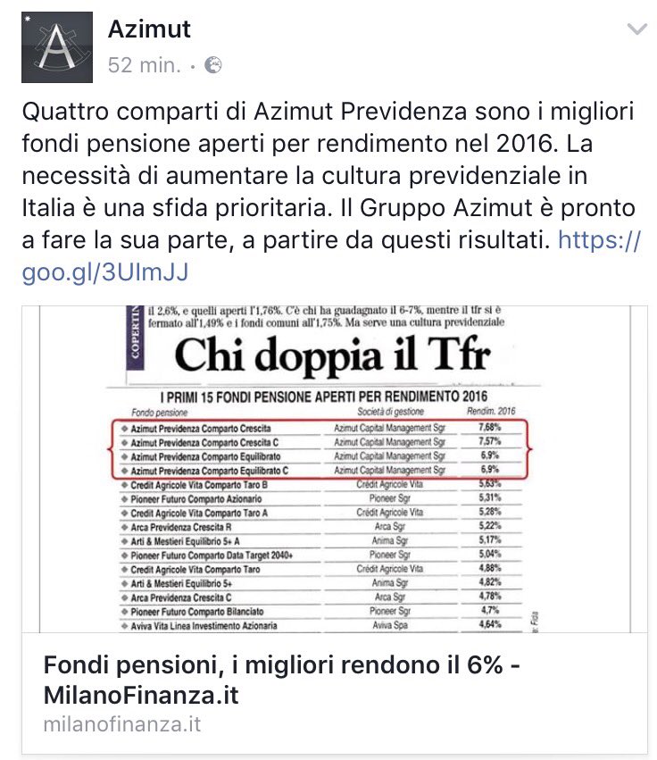4 comparti di Azimut Previdenza sono i migliori fondi pensione aperti per rendimento nel 2016. NON MALE DIREI... goo.gl/3UImJJ