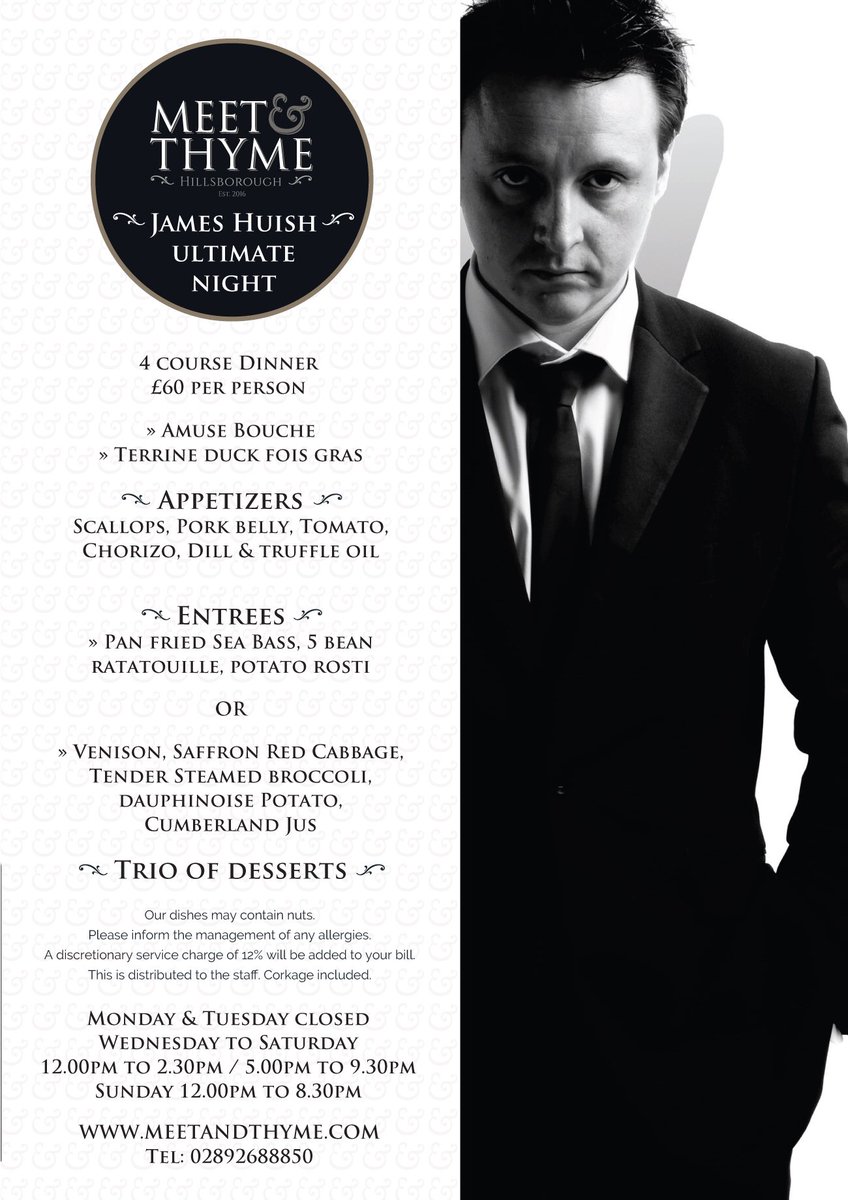 meet_thyme's tweet photo. Ultimate Night with James Huish this Sunday 🍾🍾🍾@abbott_debs @adebailie @love_laugh_eat @PamBallantine https://t.co/F71nTqBERO