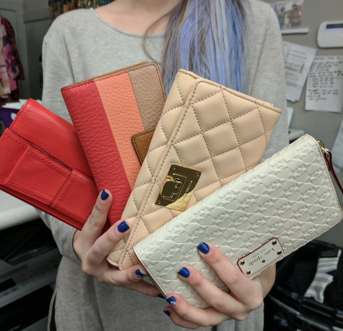 So many cute designer wallets in store right now! Left to right:
Kate Spade $45, Fossil $20, Michael Kors $55, Kate Spade $50
#designerdeals