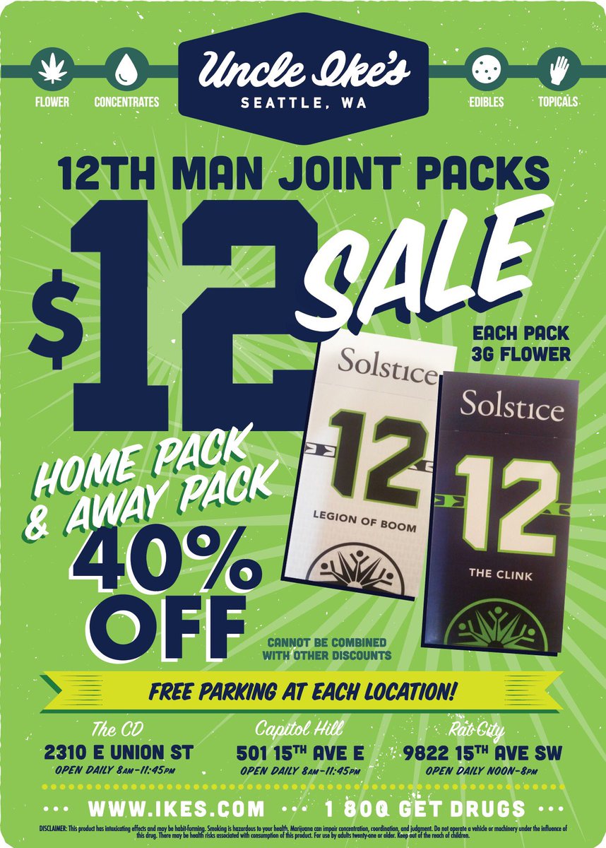 UncleIkes206's tweet photo. Happening now! @solsticegrown 12th Man packs for $12! 3g ofpremium bud per pack 👌🏽💨💨 #Seattle #uncleikes #cheappot #capitolhill #ratcity https://t.co/5sQ2B0HFPb