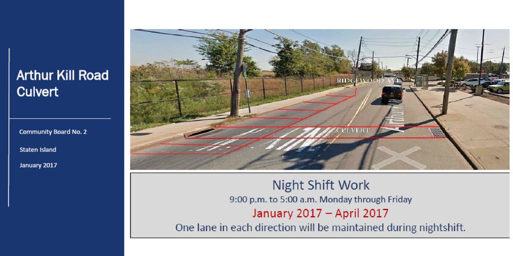 NYC_DOT's tweet photo. #ArthurKillRd drainage culvert rehabilitation btn Getz & Ridgewood Aves begins Mon 1/30. Night work Mon-Fri 9PM-5AM through April 2017. https://t.co/DyJ3fyOQgL