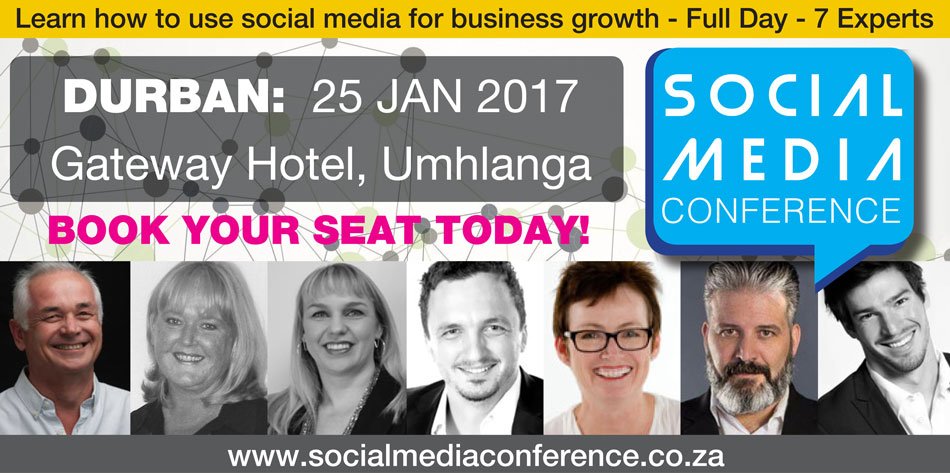 Big_Events's tweet image. Durban Marketers! Catch 8 Social Media Experts on Wed 25 Jan @socialconza  @GatewayHotelDur. Tickets bit.ly/2dpssKt
