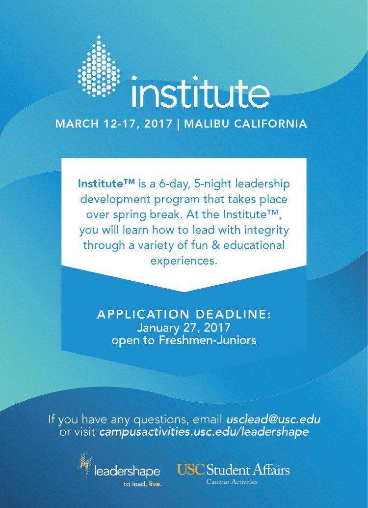 Spend spring break in an all expense paid leadership retreat in Malibu, CA
Apply here: campusactivities.usc.edu/leadershape/