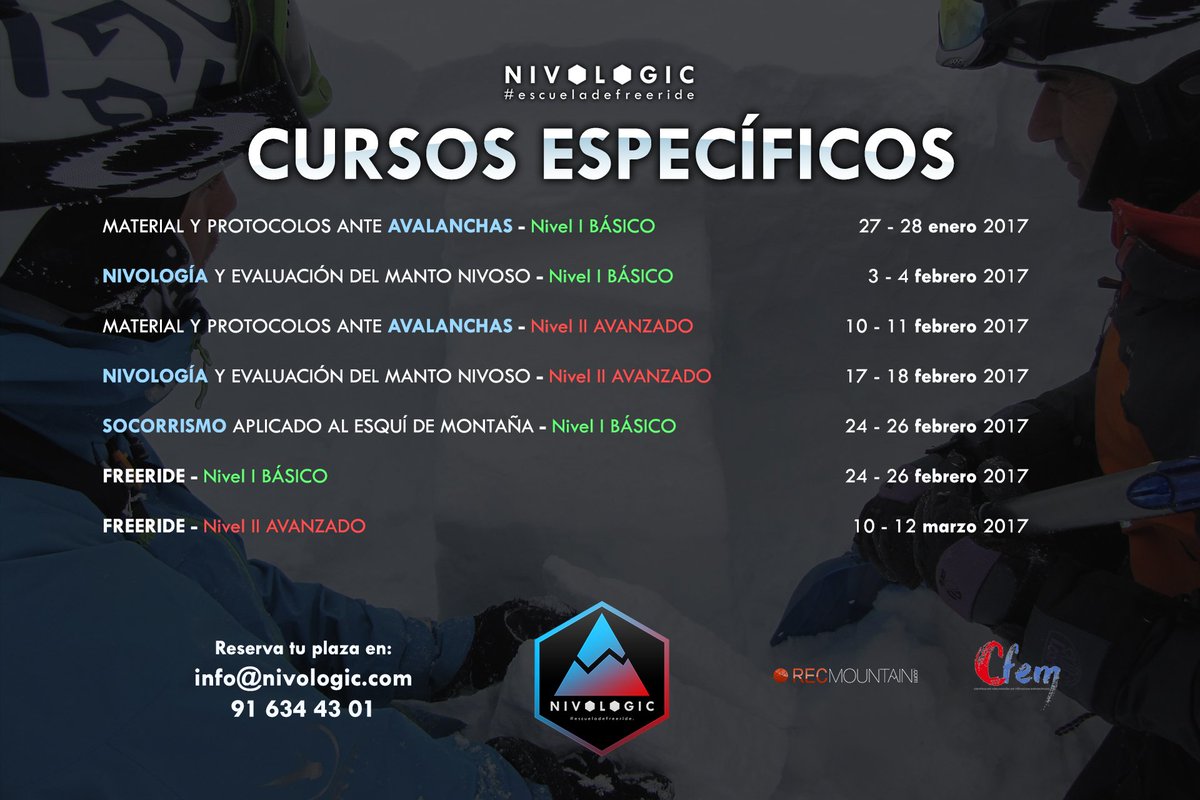 Estos son nuestros cursos para 2017. ¡Aprende todo sobre nieve y freeride en la #EscuelaDeFreeride!
Apúntate en info@nivologic.com