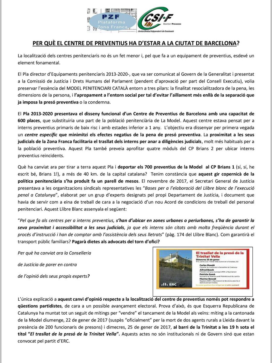 csifpresons's tweet image. La ubicació del centre de preventius a la ciutat de Barcelona és fonamental.