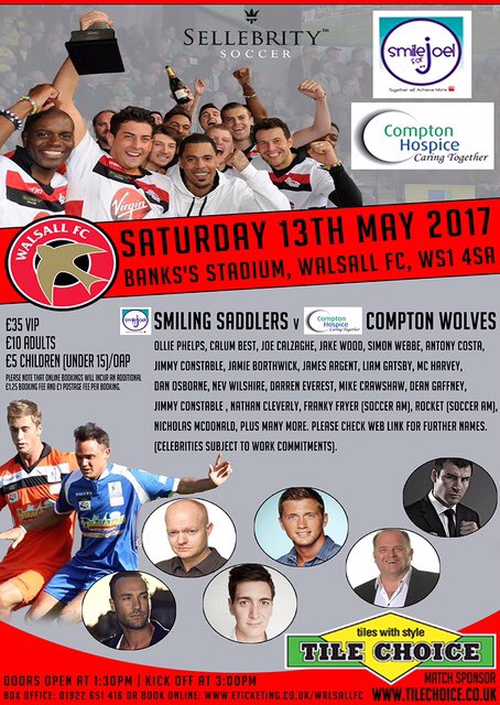 Sellebrity_UK's tweet photo. WALSALL FC - CELEBRITY MATCH @CheChesterman @Deanedwardschef @THESTEVIRITCHIE @maxmorley1 @Book Tickets 👉 https://t.co/YtUT5LJZts https://t.co/3yFVqh58g1