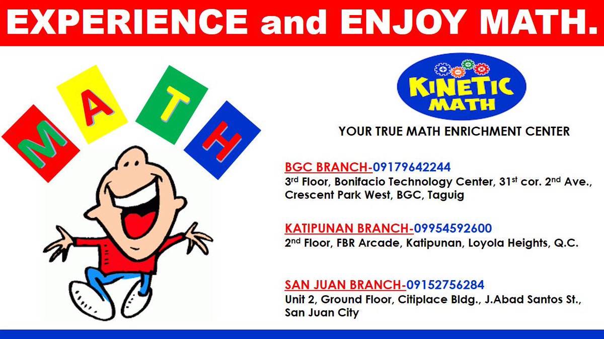 KineticMath's tweet photo. Let your kids have fun while learning Math #KINETICMATH. #taguig #mathtutorial #singaporemath #mathsummerprogram #katipunan #bgc #sanjuan https://t.co/CUjYGKL6T3