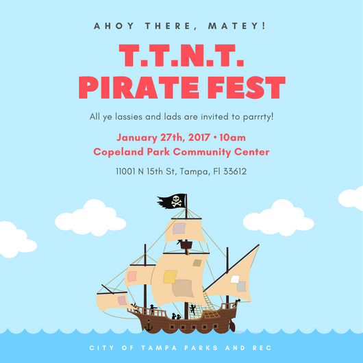 tampaparksrec's tweet image. Join us this Friday, Jan. 27th from 10 -12 pm for our T.T.N.T. Pirate Party! Ages 2-5 yrs. old are welcome w/a parent. #thingsforkids