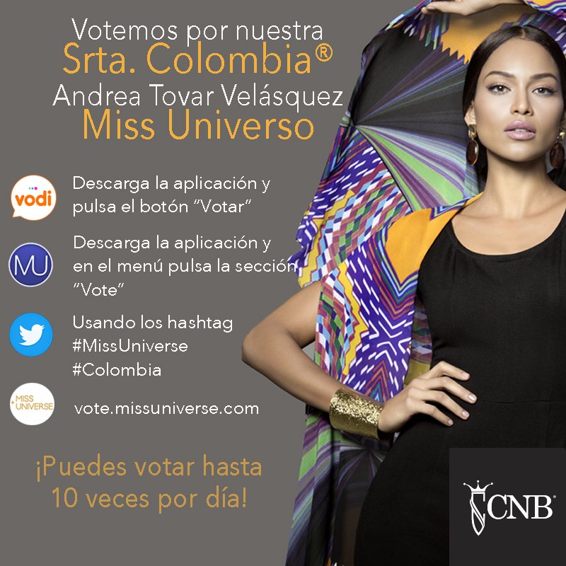 ReinadoColombia's tweet photo. ¡Votemos por nuestra Srta. Colombia® Andrea Tovar❤️✨🇨🇴 #CNB #MasQueBelleza #MissUniverse #MissColombia #Colombia https://t.co/JnZfRvW5mj