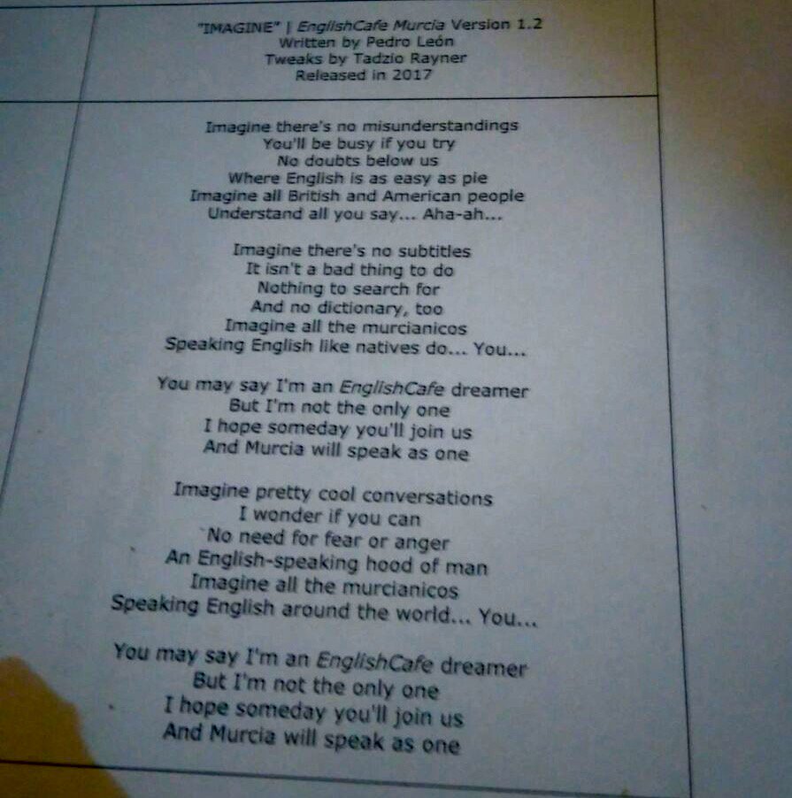 EnglishcafeMRC's tweet photo. Creatividad al poder con la adaptación al "universo #Englishcafe" hecha por otro de nuestros alumnos, Pedro, del mítico "Imagine" de #Lennon https://t.co/PBxFLwoaDU
