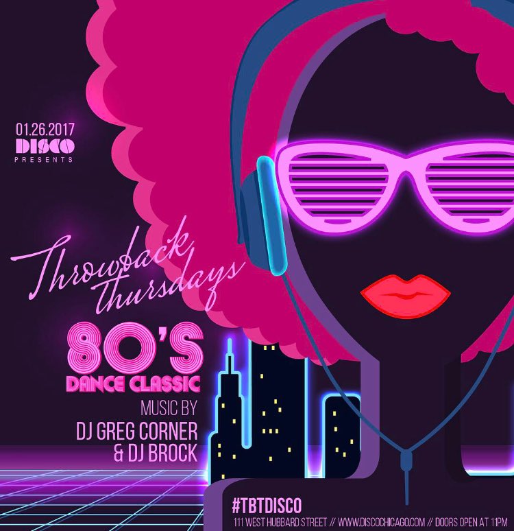thediscochicago's tweet photo. Get ready to dance your pretty little ass off... This week's #TBTdisco is going to be epic to the 80th° ✨ @brockfocks @gregcorner https://t.co/v2pwloSu5G