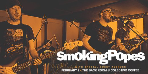 Don't miss your chance to see <a href="/smokingpopes/">babs</a>' classic lineup in The Back Room at <a href="/ColectivoCoffee/">Colectivo Coffee</a> next Thursday! » bit.ly/SMOKINGPOPES