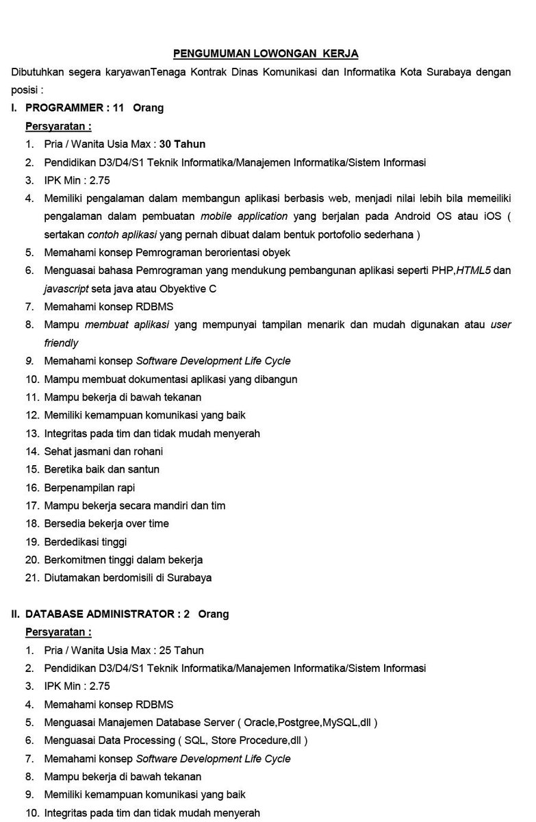 infosurabaya's tweet photo. Pengumuman Lowongan Kerja Tenaga Kontrak Dinkominfo Kota Surabaya. https://t.co/g6u7tjzps4