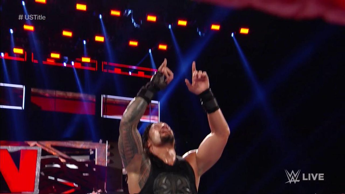 WWEUniverse's tweet photo. We just got a little preview of @IAmJericho's fate for Sunday, and @WWERomanReigns LOVES IT! #RAW #USTitle @FightOwensFight https://t.co/bmLv0wKug9