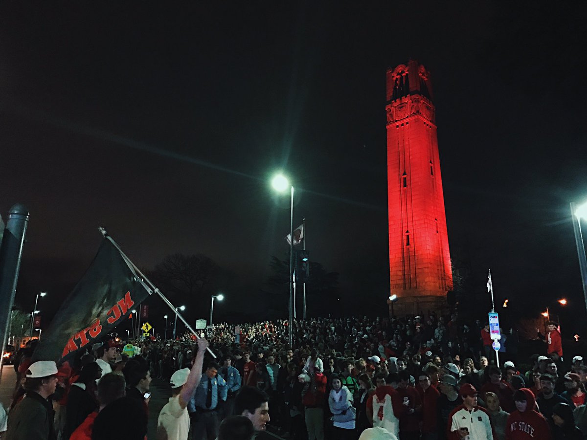 NCState's tweet photo. The Pack is a *little* pumped about that @PackMensBball win at Duke. #STATEment https://t.co/sIqLoOcO9i