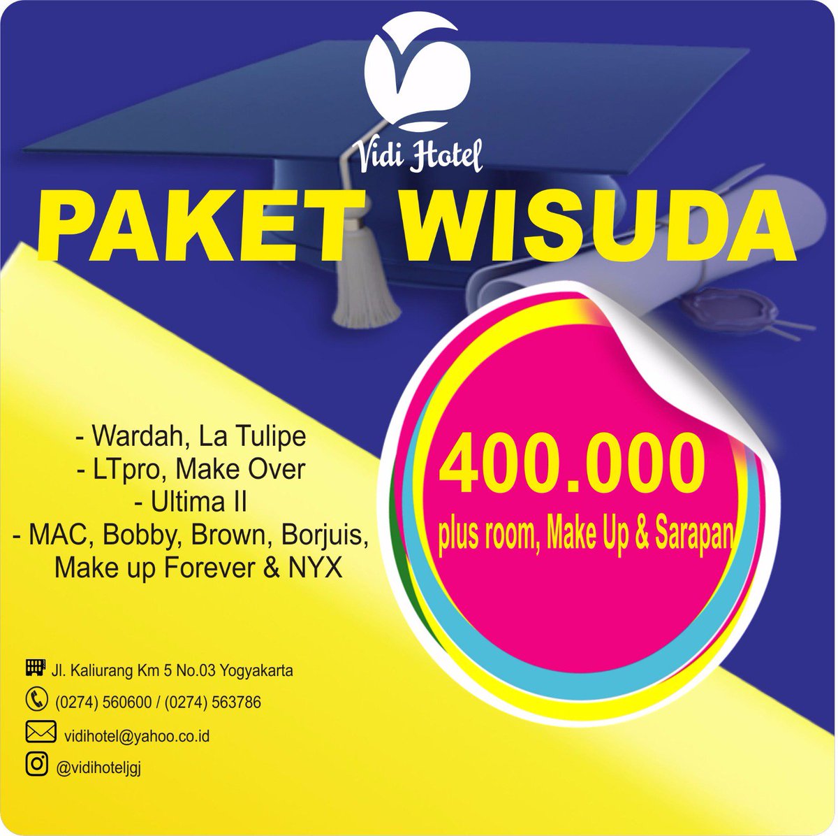 Hai girls🙋, ada promo paket wisuda super menarik nih, "make-up for graduation" dari Vidi hotel...#wisuda #ugm #jogjahotel #hoteljogja