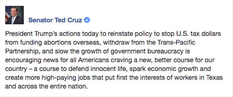 SenTedCruz's tweet image. .@POTUS' actions today are encouraging news for all Americans craving a new, better course for our country. facebook.com/SenatorTedCruz…