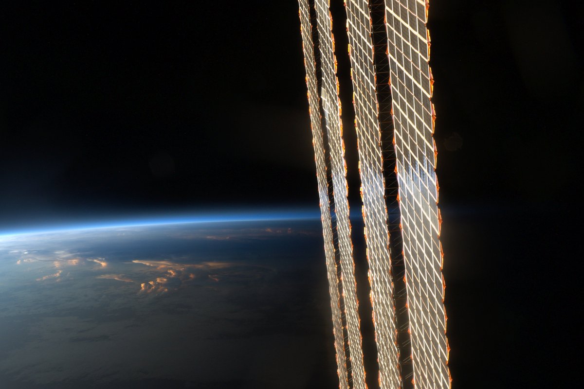 Good night from <a href="/Space_Station/">International Space Station</a>.  Beautiful orbital #sunset behind the solar arrays.