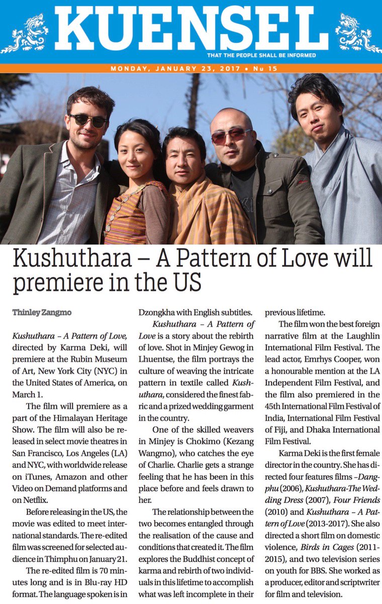 kushuthara's tweet photo. @kushuthara New York, USA, premiere date booked for 1st March 2017 at the @RubinMuseum.  Thanks @KuenselOnline ​ for this piece on the film https://t.co/zpdy6sSSq9