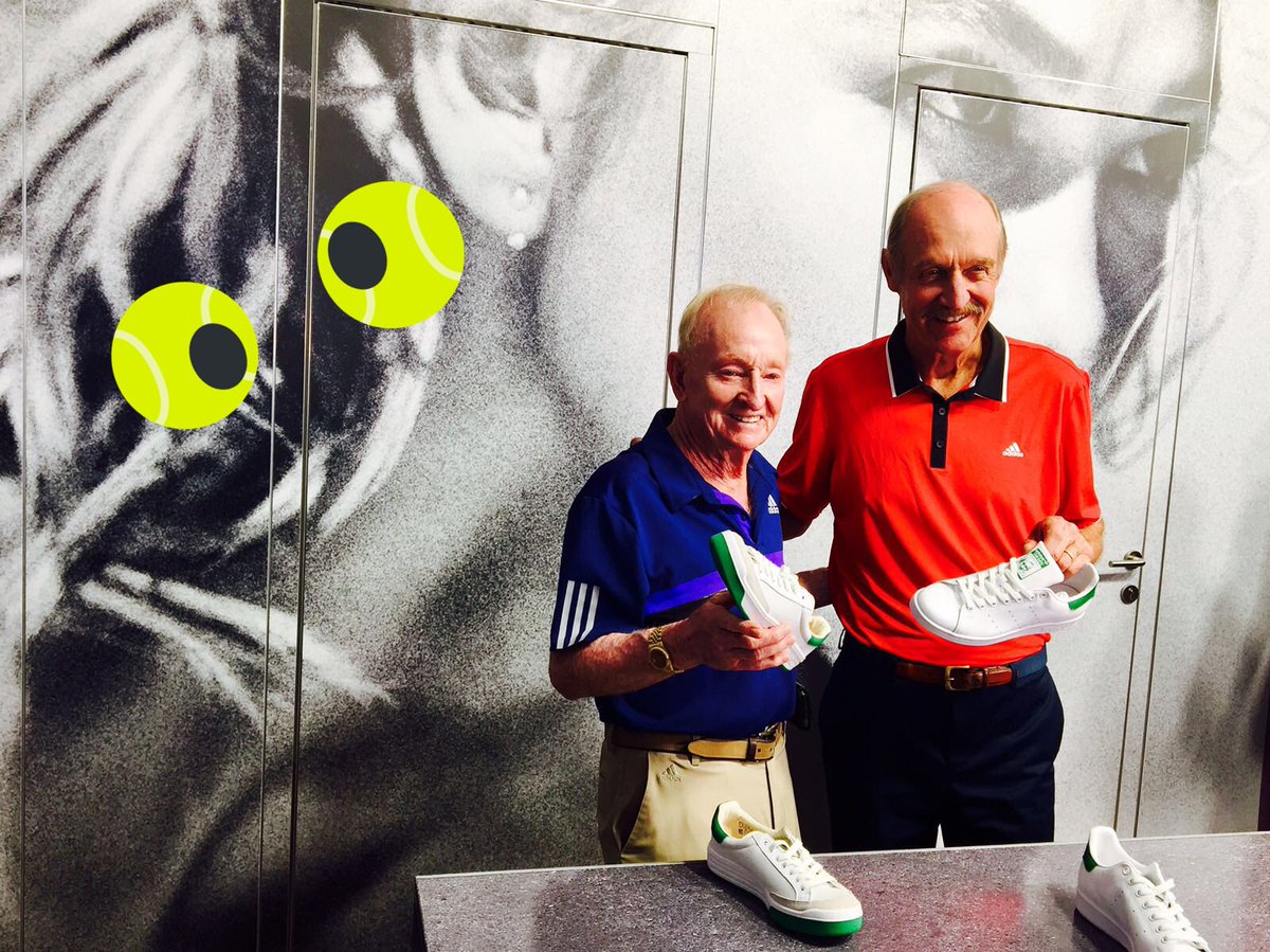 AustralianOpen's tweet photo. When the shoe fits... 👟

In a classic Cinderella story, Stan #Smith and Rod #Laver show off the new limited edition Laver shoe #AusOpen https://t.co/inHinBKZCg