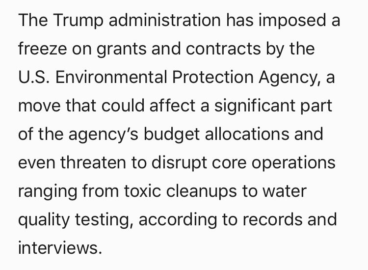 propublica's tweet photo. Scoop: Trump admin has ordered freeze to EPA contracts &amp; grants. Could affect wide swath of work. 

https://t.co/TSJ8T5UOB0 https://t.co/1sH3n42ae3