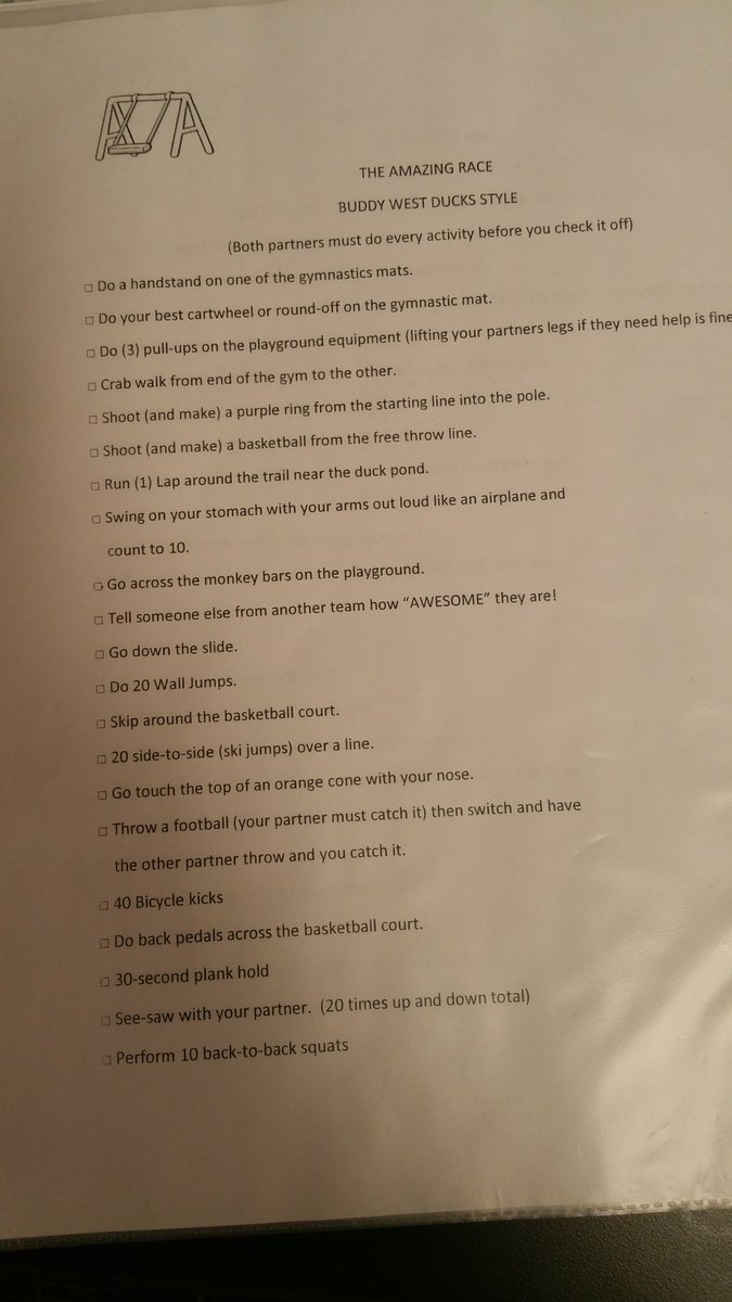 PEgonzo0126's tweet photo. Amazing Race Adventures tomorrow in #physed thank you @teeeri for the idea! #pematters #fitkids https://t.co/nozvxFQxb0