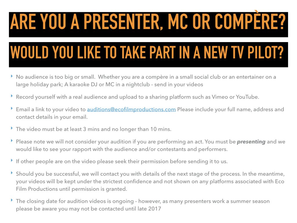 StepladderWorld's tweet image. Eco Films are looking for Presenter talent who wish to audition to take part in a talent show for a new TV pilot planned for early 2018.