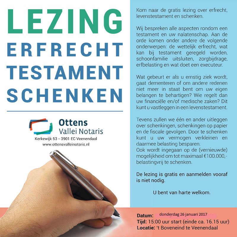 Donderdag 26 januari a.s. #Lezing #testament bij 't Boveneind in #Veenendaal door <a href="/Vallei_Notaris/">Hans van Heteren</a>