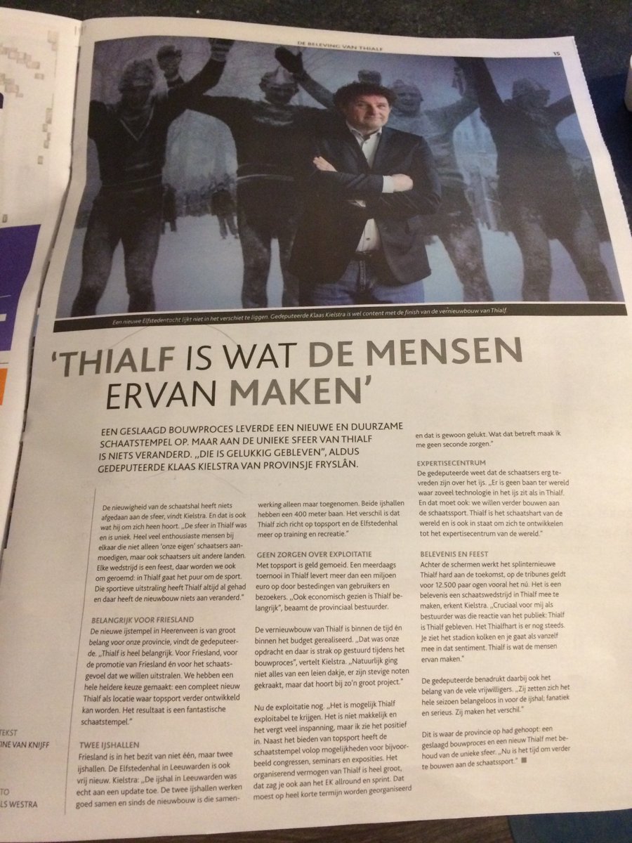Vandaag bij de <a href="/lc_nl/">Leeuwarder Courant</a>: Een hele mooie bijlage over <a href="/Thialf/">Thialf</a>! Ook mijn interview met gedeputeerde <a href="/KlaasKielstra/">Klaas Kielstra</a> staat erin. #tinetxt