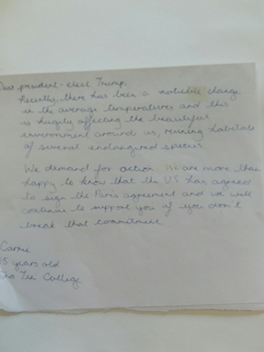 EAGatSTC's tweet photo. Letter to Donald Trump about Climate change from Sha Tin College students, Hong Kong.

@ITHYF_Letters  
@realDonaldTrump 
@esfhk https://t.co/cRQW6SpVy4