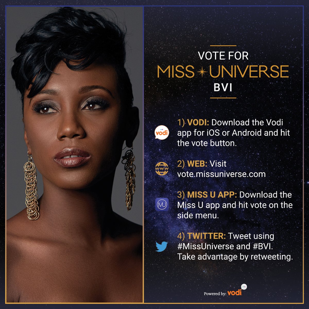 MissUniverse's tweet photo. Voting for #MissUniverse is officially OPEN. RT to vote for Miss Universe #BVI! 

Watch her LIVE: Sunday Jan. 29 at 7/6 on @FOXTV. https://t.co/WqzbzhSWFG