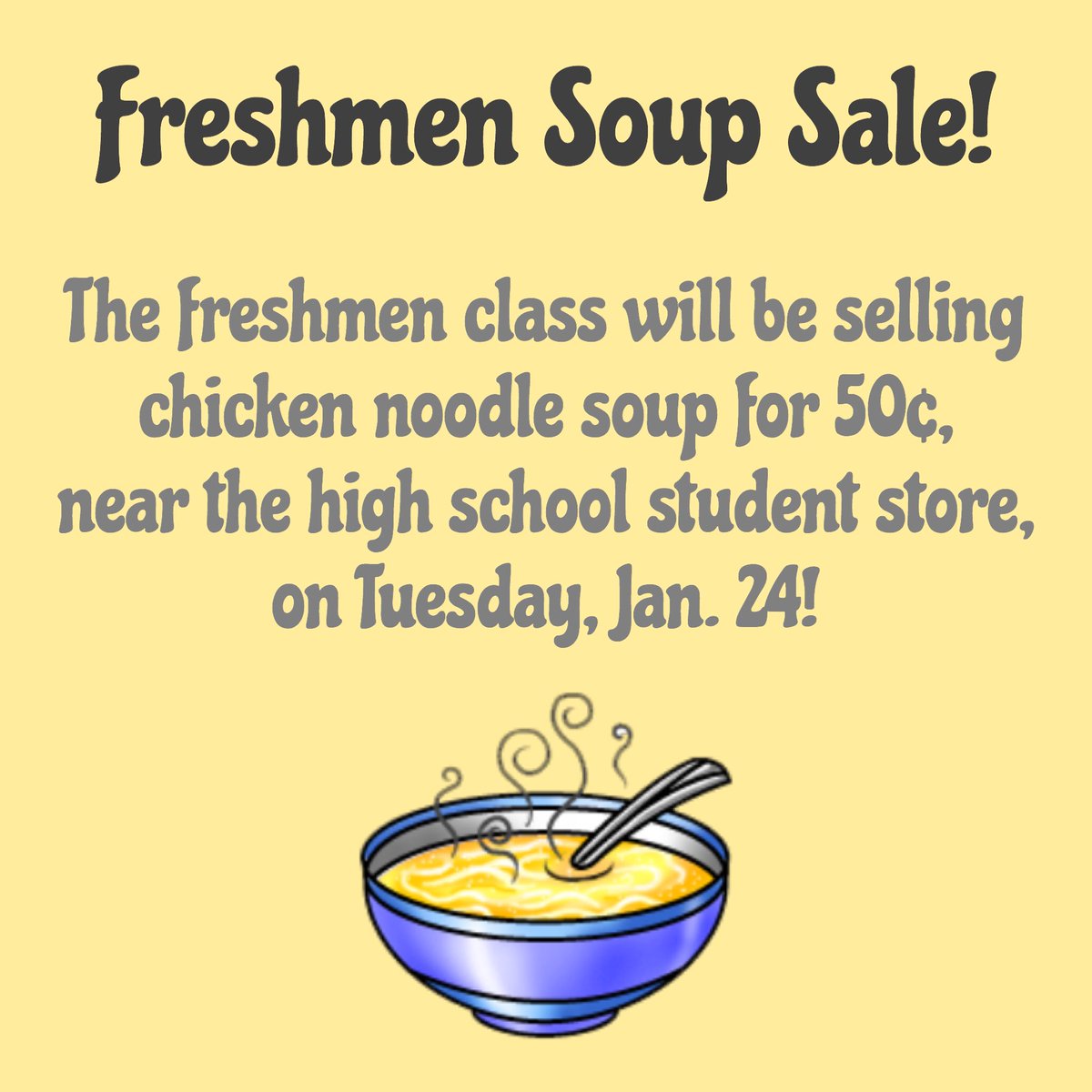 IAHSSC's tweet photo. ✨ Support the freshman class by buying chicken noodle soup for 50 cents tomorrow during nutrition! ✨ https://t.co/wiWLuu6Mz8