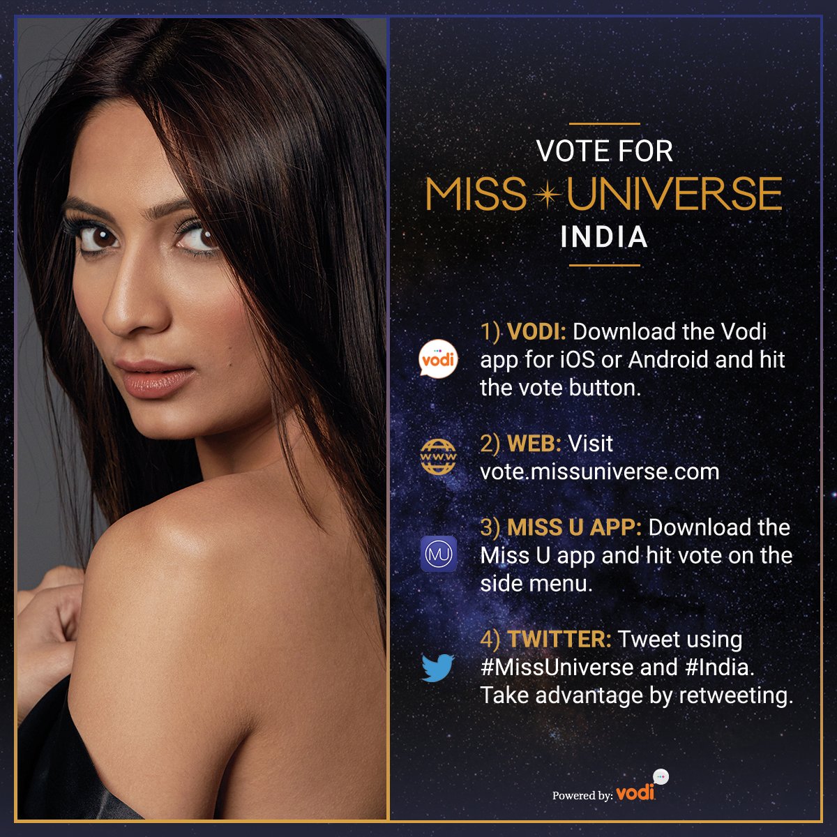 MissUniverse's tweet photo. Voting for #MissUniverse is officially OPEN. RT to vote for Miss Universe #India! 

Watch her LIVE: Sunday Jan. 29 at 7/6 on @FOXTV. https://t.co/OWTPzH4PYw