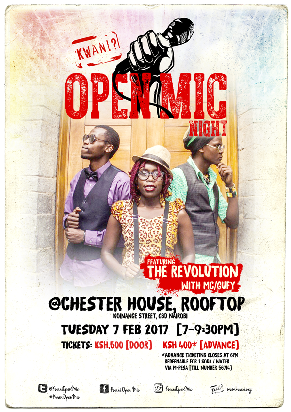 KwaniOpenMic's tweet photo. . See you https://t.co/shh8x9BnfK @ the 1st #KwaniOpenMic of 2017 featuring the energetic trio @Revolution__ke @kwanitrust https://t.co/X38iE3i3aq