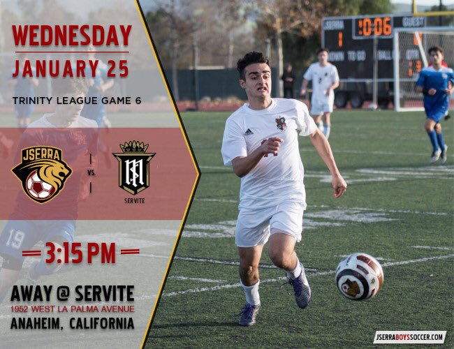 Away game this Wednesday 1.25.17 at Servite HS. Varsity game kicks off at 3:15pm and JV at 4:45pm. G⚽️ LIONS #jserrasoccer  <a href="/JSerraAthletics/">JSerraAthletics</a>