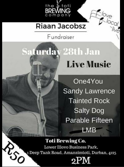 Fundraiser on 28Jan'17: Local musician needs support, Riaan Jacobsz is in a coma after a stroke.