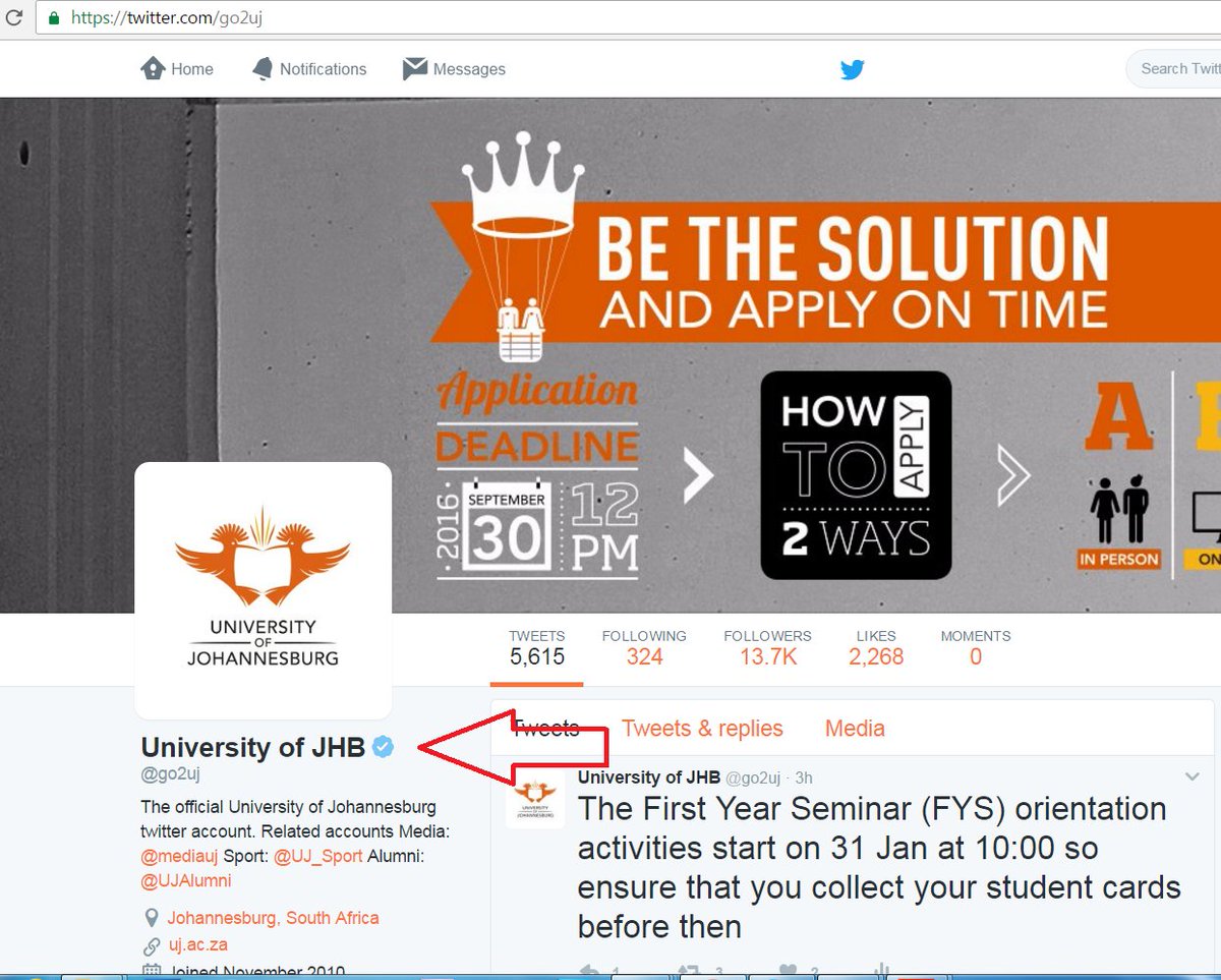 go2uj's tweet photo. Yes!!!! @go2uj has the blue flag π
University of Johannesburg official twitter page is verified #Dankie #siyakubonga #ReALeboha https://t.co/SmmLB43dCn