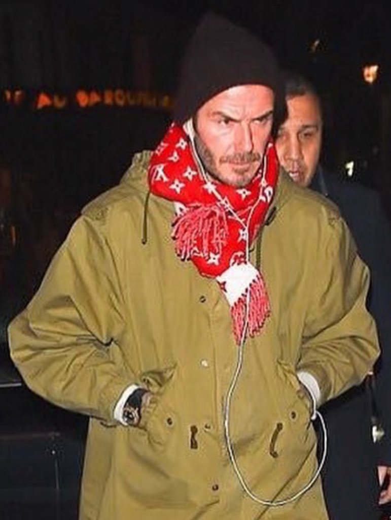 MRBLD on X: David Beckham wearing the Supreme/Louis Vuitton Monogram Scarf   / X