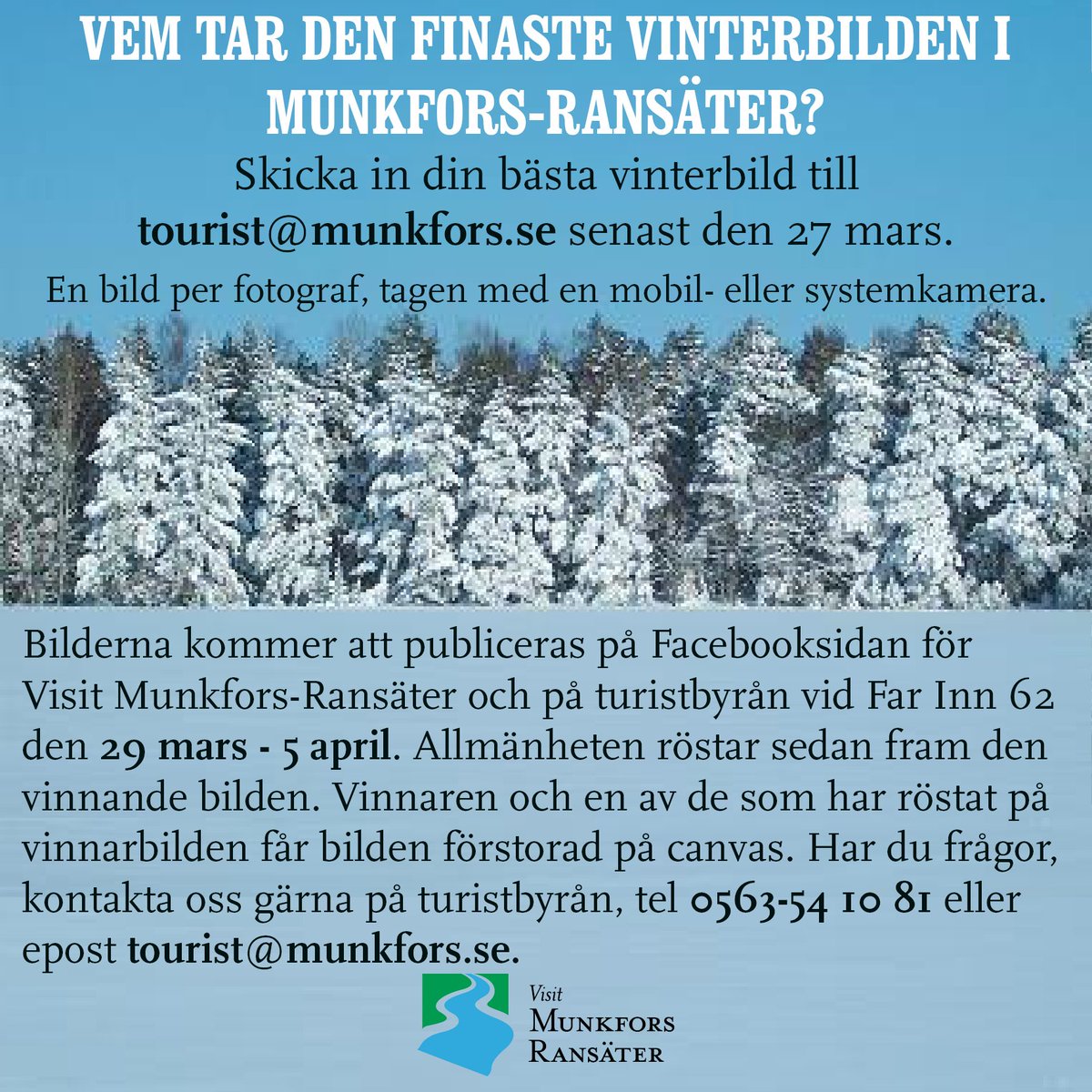 VisitMunkfors's tweet photo. Vem tar finaste vinterbilden i Munkfors-Ransäter? Skicka din bästa bild till tourist@munkfors.se senast den 27 mars. https://t.co/R33z6z7SQJ https://t.co/SI5KPMD5p3