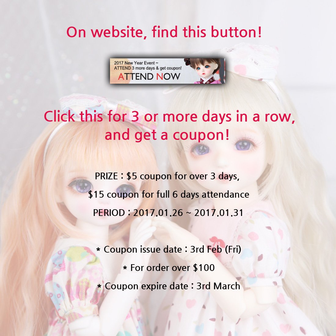 LutsOfficial's tweet photo. Attendance event will start soon on 26th. Visit website, click and get coupon! https://t.co/yDFBYG3qv2 #lutsdoll #eluts #attendanceevent https://t.co/jJldgckUtA