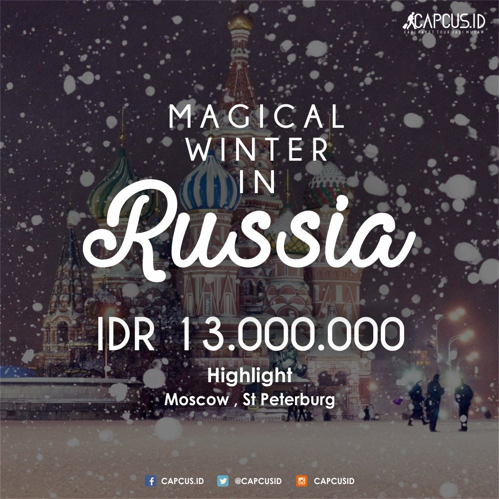 capcusid's tweet photo. 10D/9N Magical Winter in Russia dari Traveloke di Capcus.id dengan harga paket mulai dari IDR 13.000.000/Pax

https://t.co/ZihUoAepOC https://t.co/vryCJ0KIFf