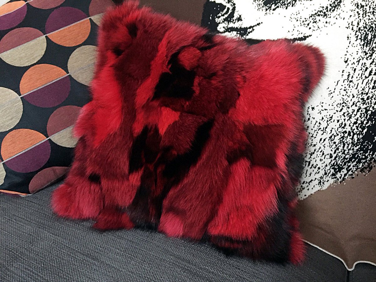 Red #foxfur and velvet cushion available at etsy.com/uk/shop/Emilou… #fur #realfur #furcushion #furfashion #lovefur