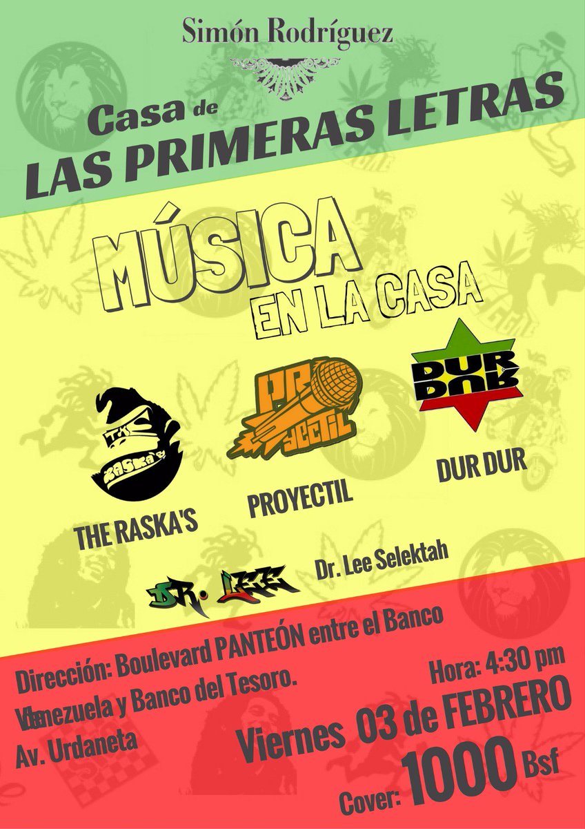 La cita es este viernes #3Feb en la <a href="/CPrimerasLetras/">Casa Simón Rodríguez</a> junto a <a href="/TheRaskas/">The Raska's</a>, #DurdurReggae y <a href="/LibahMan/">Libah Man</a> en los platos. #Music #Ska #Reggae #Rap