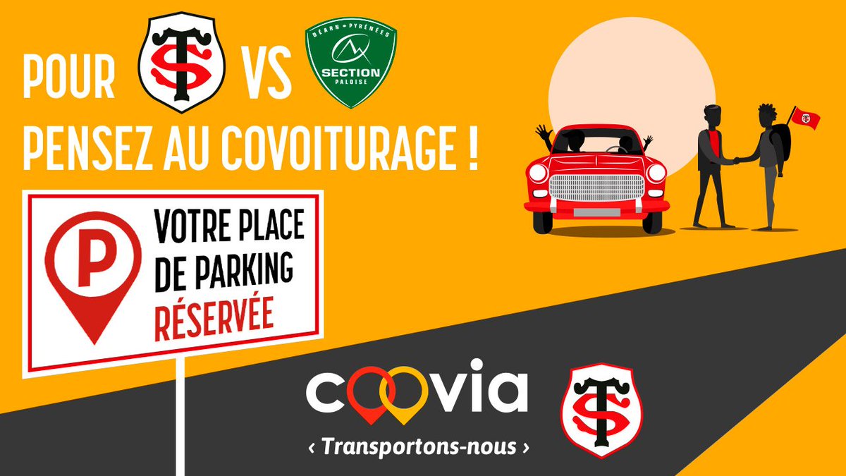 StadeToulousain's tweet photo. Pr #STSP, samedi à 18h30 à E. Wallon, pensez covoiturage avec @coovia &amp; bénéficiez d'une place de parking réservée ! https://t.co/aGBlkou7QG https://t.co/5uMqTr5Fmf