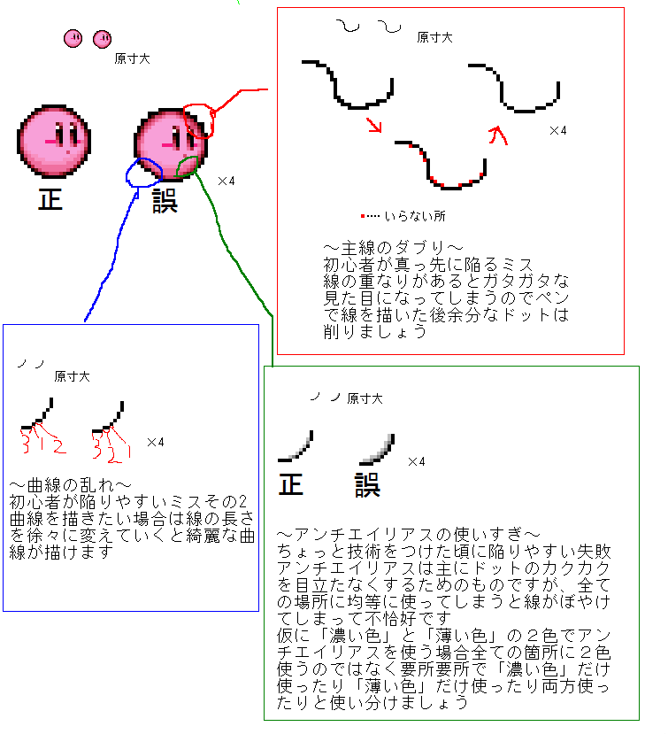 zyagapi's tweet image. これからドット絵はじめよう！って人のためによくあるミスをまとめてみました
アンチエイリアスに関しては一概には言えませんがこれからドット絵はじめよう！って人は参考にしてみてください