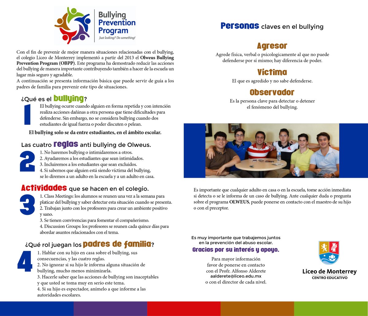 liceodmonterrey's tweet photo. El Liceo de Monterrey implementó desde el 2013 el Olweus Bullying Prevention Program.
#Olweus #bullyingpreventionprogram https://t.co/yh6ku2nNQq