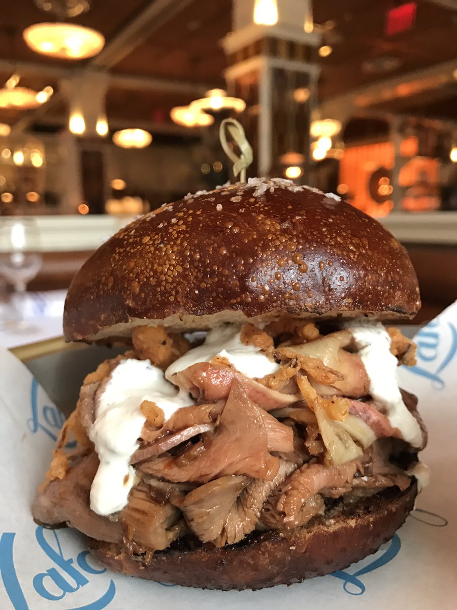 Lunch means a Roasted Prime Rib Sandwich on a pretzel bun with horseradish.